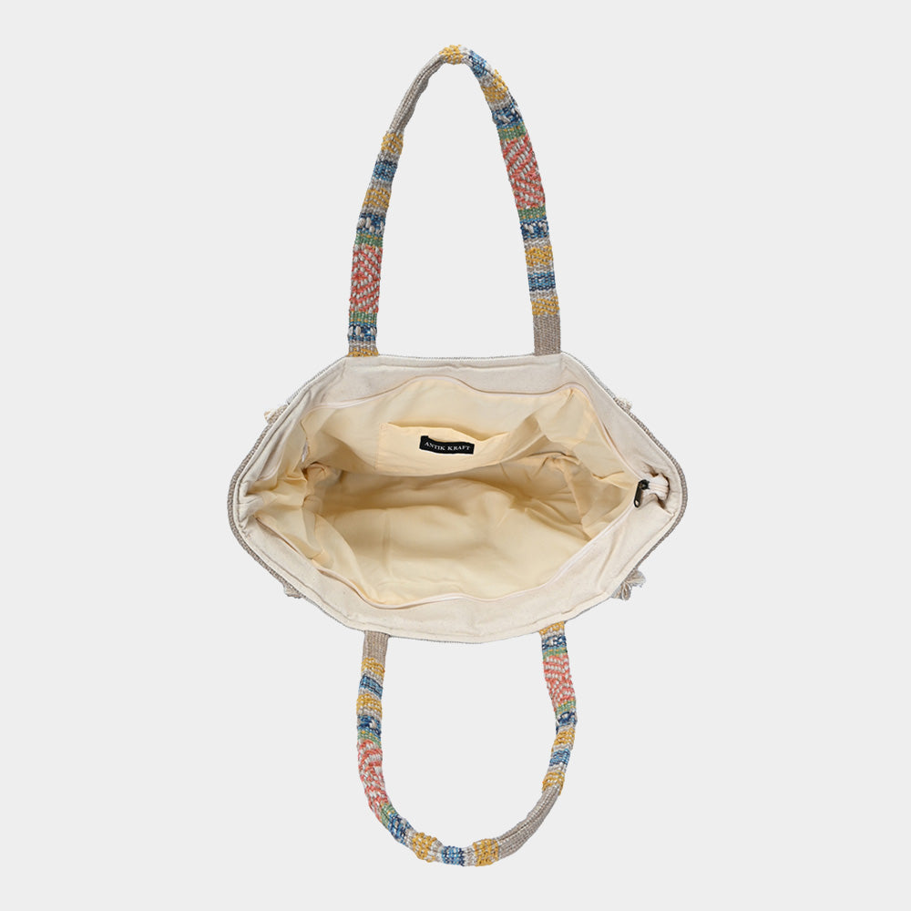 Madeline Love Multi Evil Eye Seed Beaded Pointed Fringe Trim Ethnic Jute Tote Bag - Bags & Wallets - extra