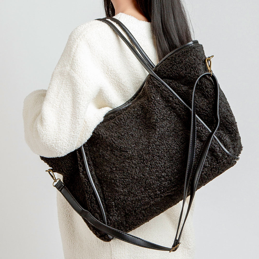 Madeline Love Black Sherpa Plain Shoulder Bag - Bags & Wallets - extra