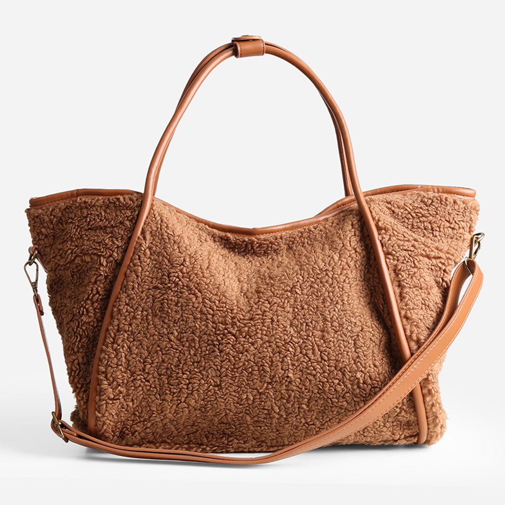 Madeline Love Camel Sherpa Plain Shoulder Bag - Bags & Wallets - desc