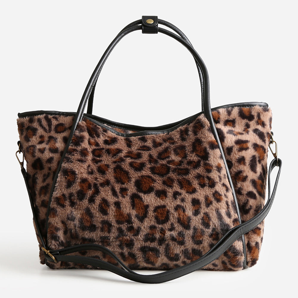 Madeline Love Leopard, Taupe Leopard Pattern Faux Fur Shoulder Bag - Bags & Wallets - extra