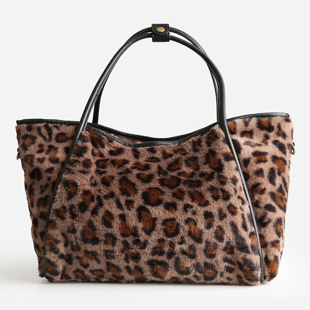 Madeline Love Leopard, Taupe Leopard Pattern Faux Fur Shoulder Bag - Bags & Wallets - extra