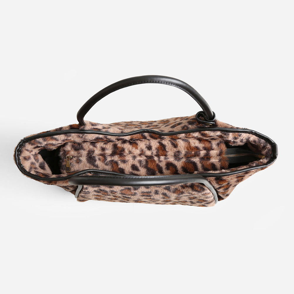 Madeline Love Leopard, Taupe Leopard Pattern Faux Fur Shoulder Bag - Bags & Wallets - extra