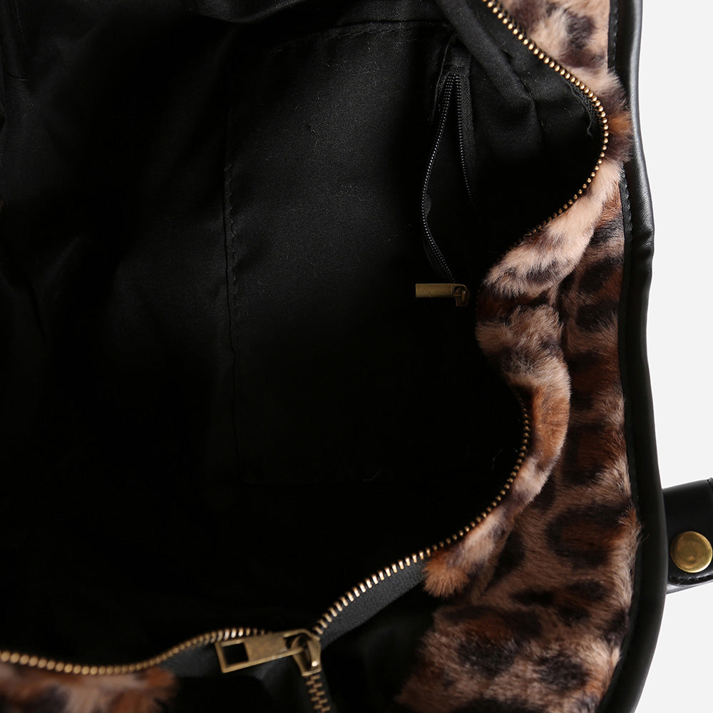 Madeline Love Leopard, Taupe Leopard Pattern Faux Fur Shoulder Bag - Bags & Wallets - extra
