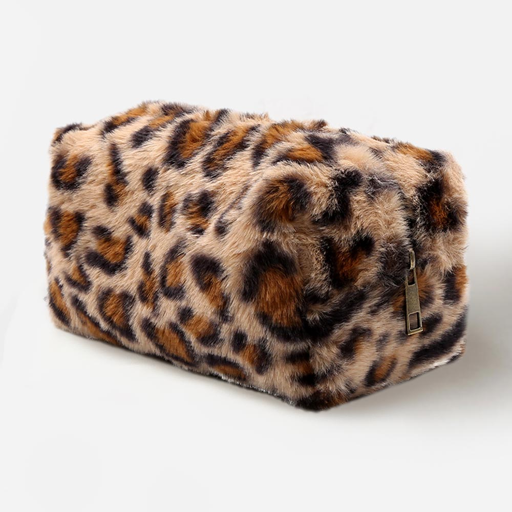 Madeline Love Beige Leopard Pattern Faux Fur Pouch Bag - Bags & Wallets