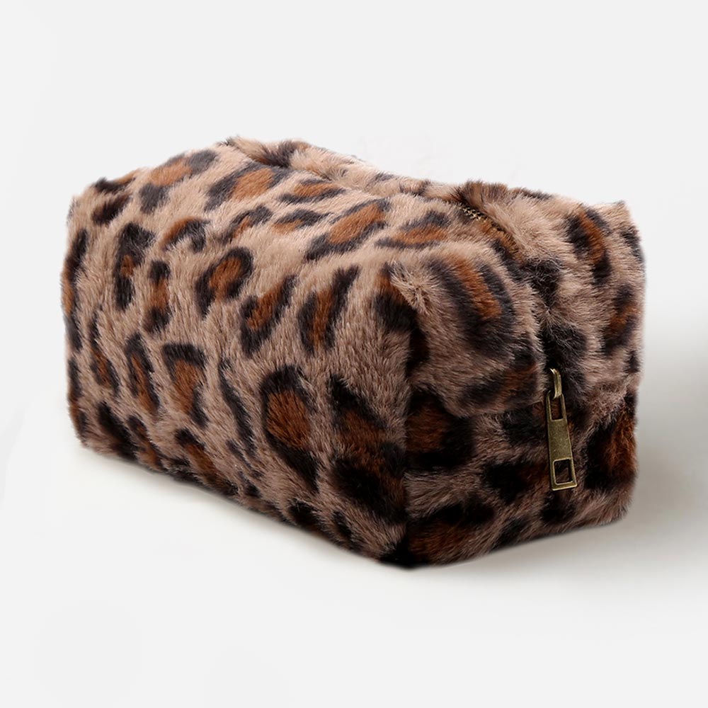 Madeline Love Taupe Leopard Pattern Faux Fur Pouch Bag - Bags & Wallets