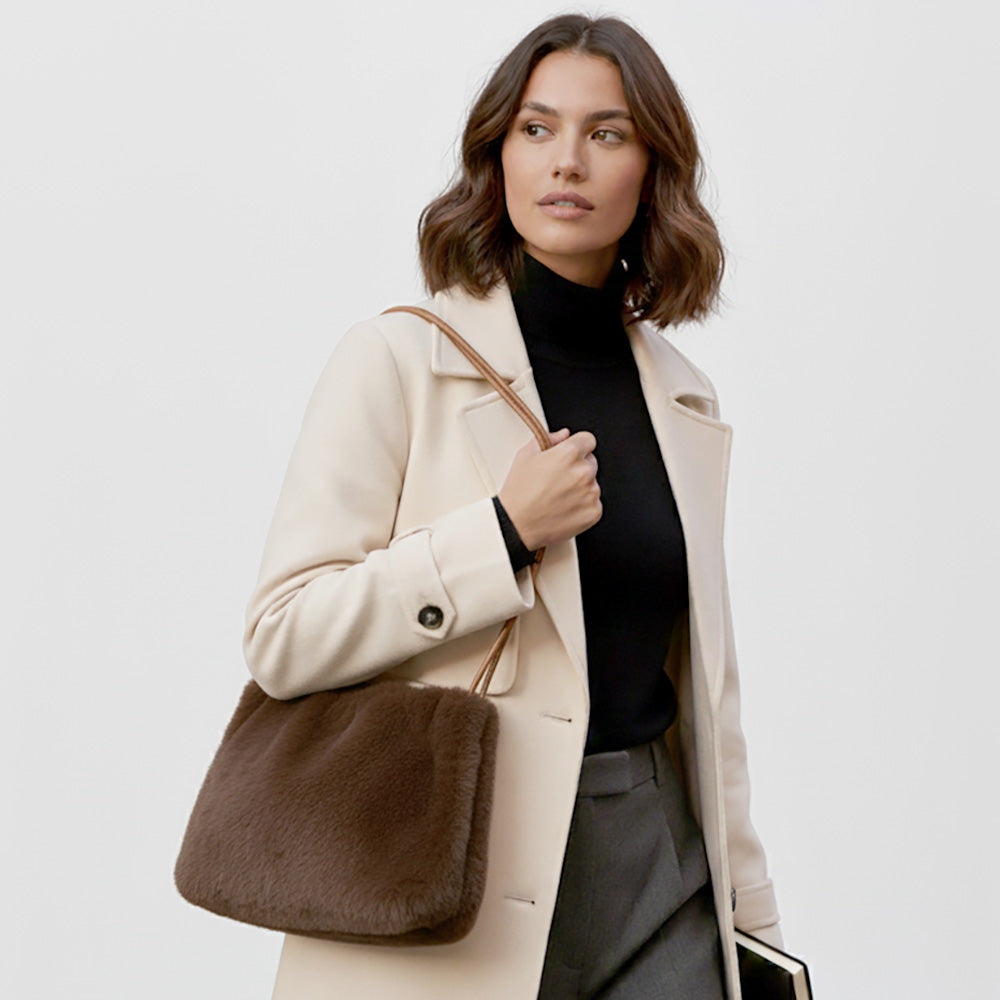 Madeline Love Taupe Solid Faux Fur Mini Handbag Shoulder Bag - Bags & Wallets