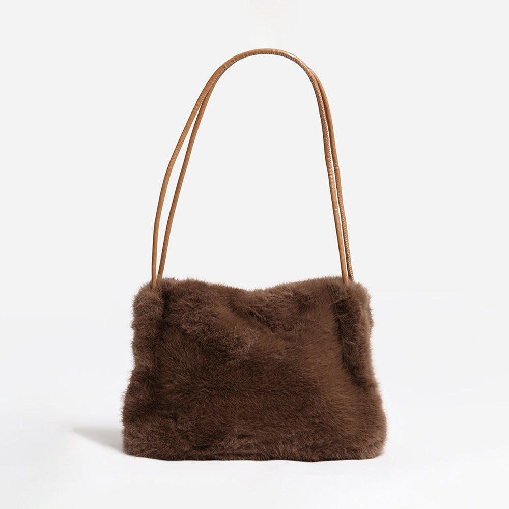 Madeline Love Taupe Solid Faux Fur Mini Handbag Shoulder Bag - Bags & Wallets - desc