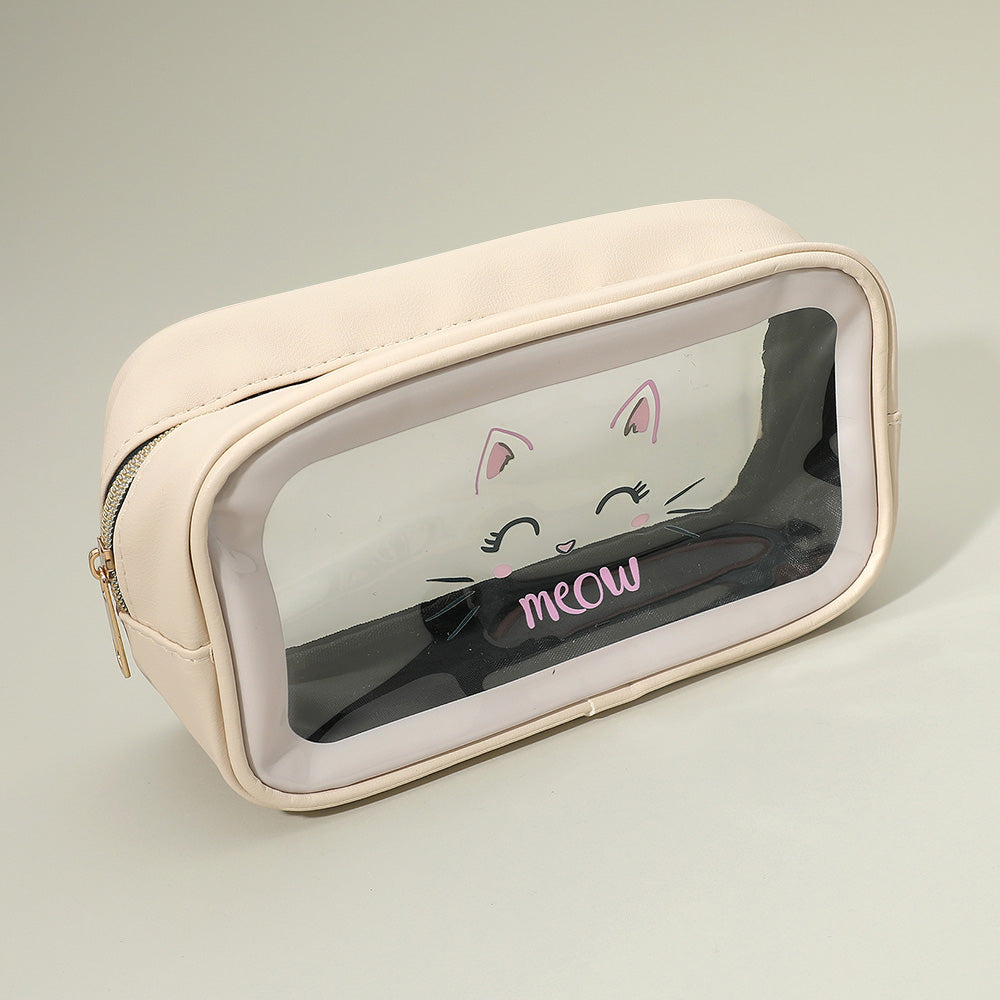 Madeline Love Beige Meow Cat Face Printed Transparent Travel Cosmetic Pouch Bag - Beauty & Cosmetics