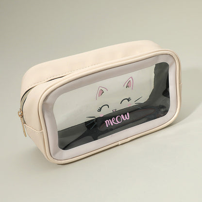 Madeline Love Beige Meow Cat Face Printed Transparent Travel Cosmetic Pouch Bag - Beauty & Cosmetics