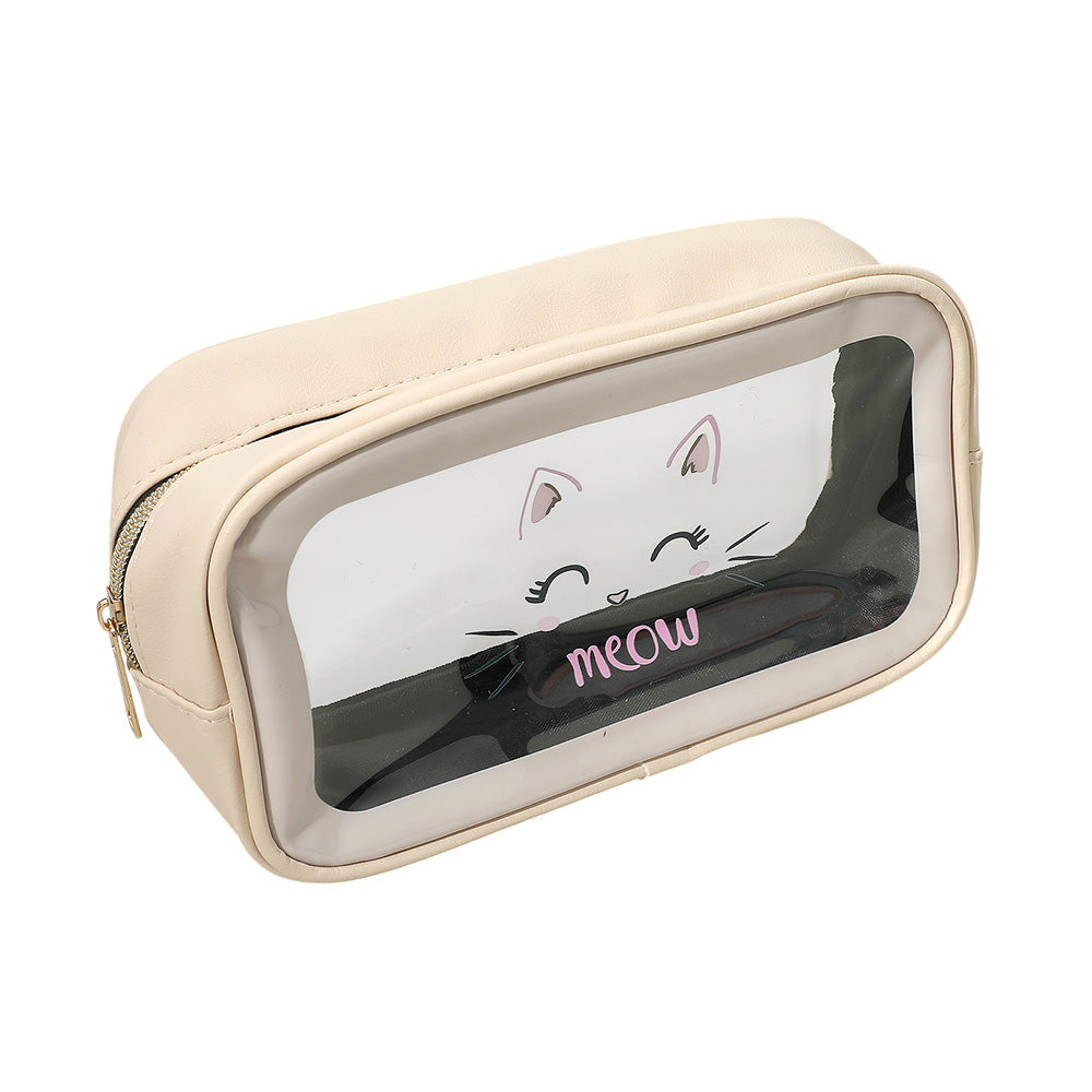 Madeline Love Beige Meow Cat Face Printed Transparent Travel Cosmetic Pouch Bag - Beauty & Cosmetics - desc