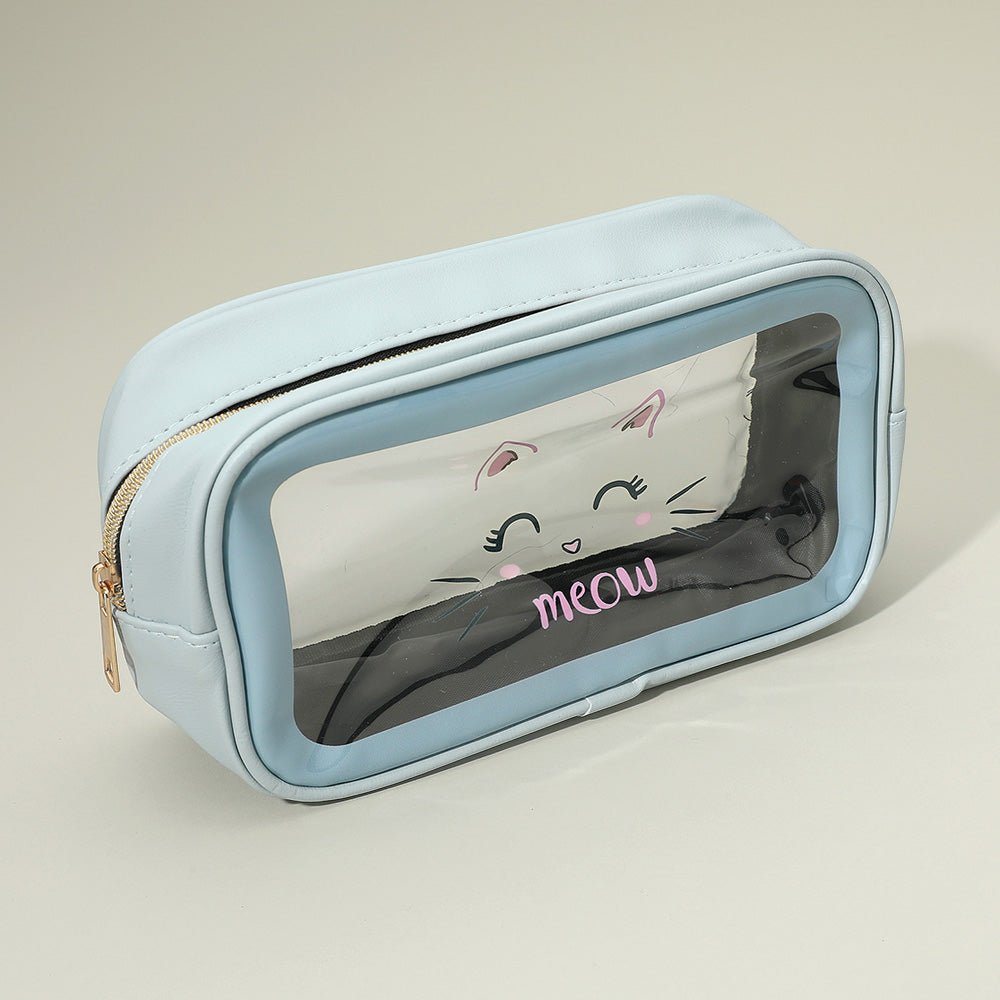 Madeline Love Blue Meow Cat Face Printed Transparent Travel Cosmetic Pouch Bag - Beauty & Cosmetics