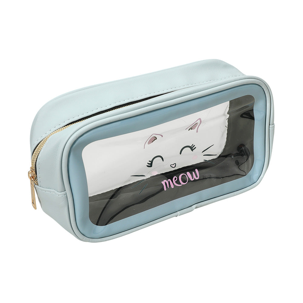 Madeline Love Blue Meow Cat Face Printed Transparent Travel Cosmetic Pouch Bag - Beauty & Cosmetics - desc