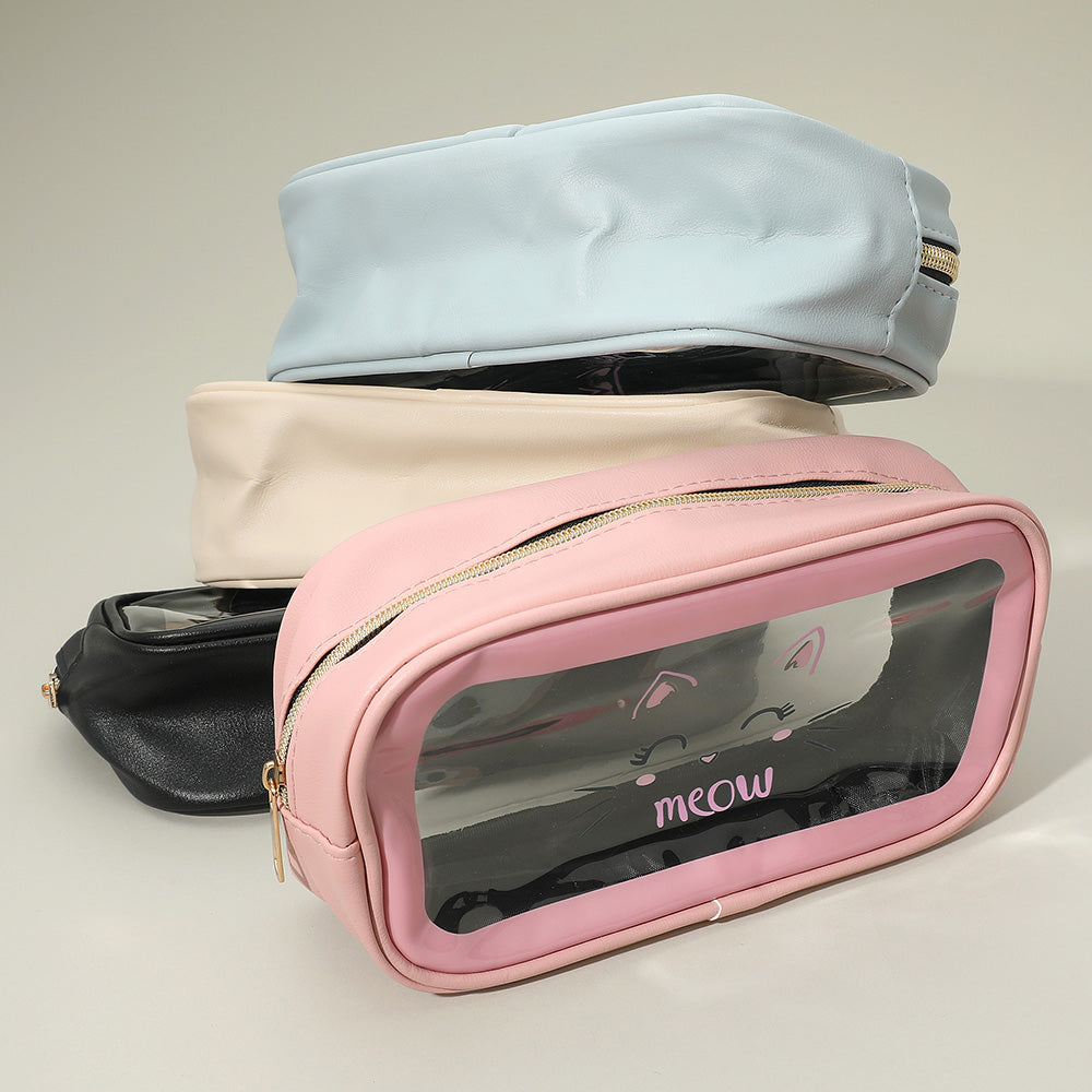 Madeline Love Blue Meow Cat Face Printed Transparent Travel Cosmetic Pouch Bag - Beauty & Cosmetics - extra