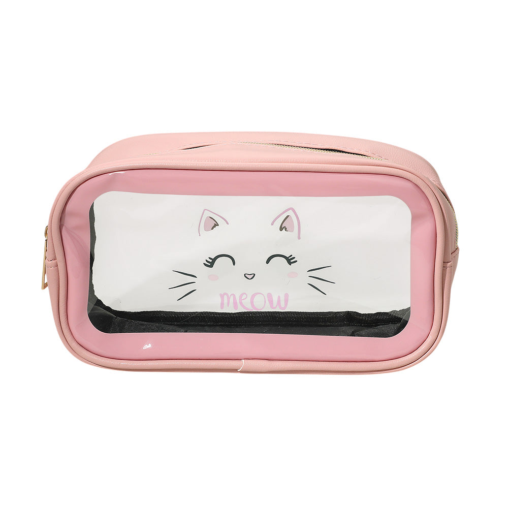 Madeline Love Pink Meow Cat Face Printed Transparent Travel Cosmetic Pouch Bag - Beauty & Cosmetics - desc