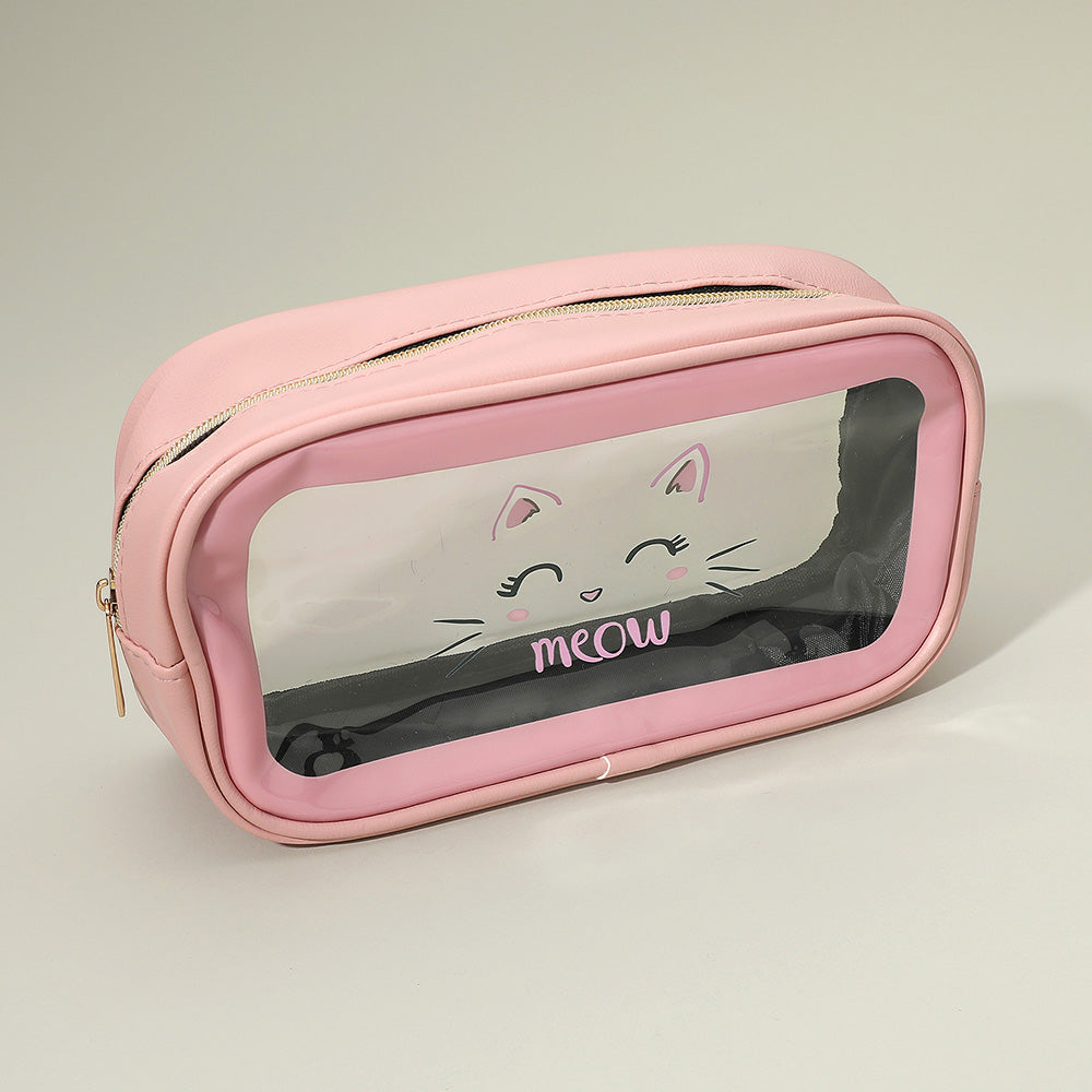Madeline Love Pink Meow Cat Face Printed Transparent Travel Cosmetic Pouch Bag - Beauty & Cosmetics - extra