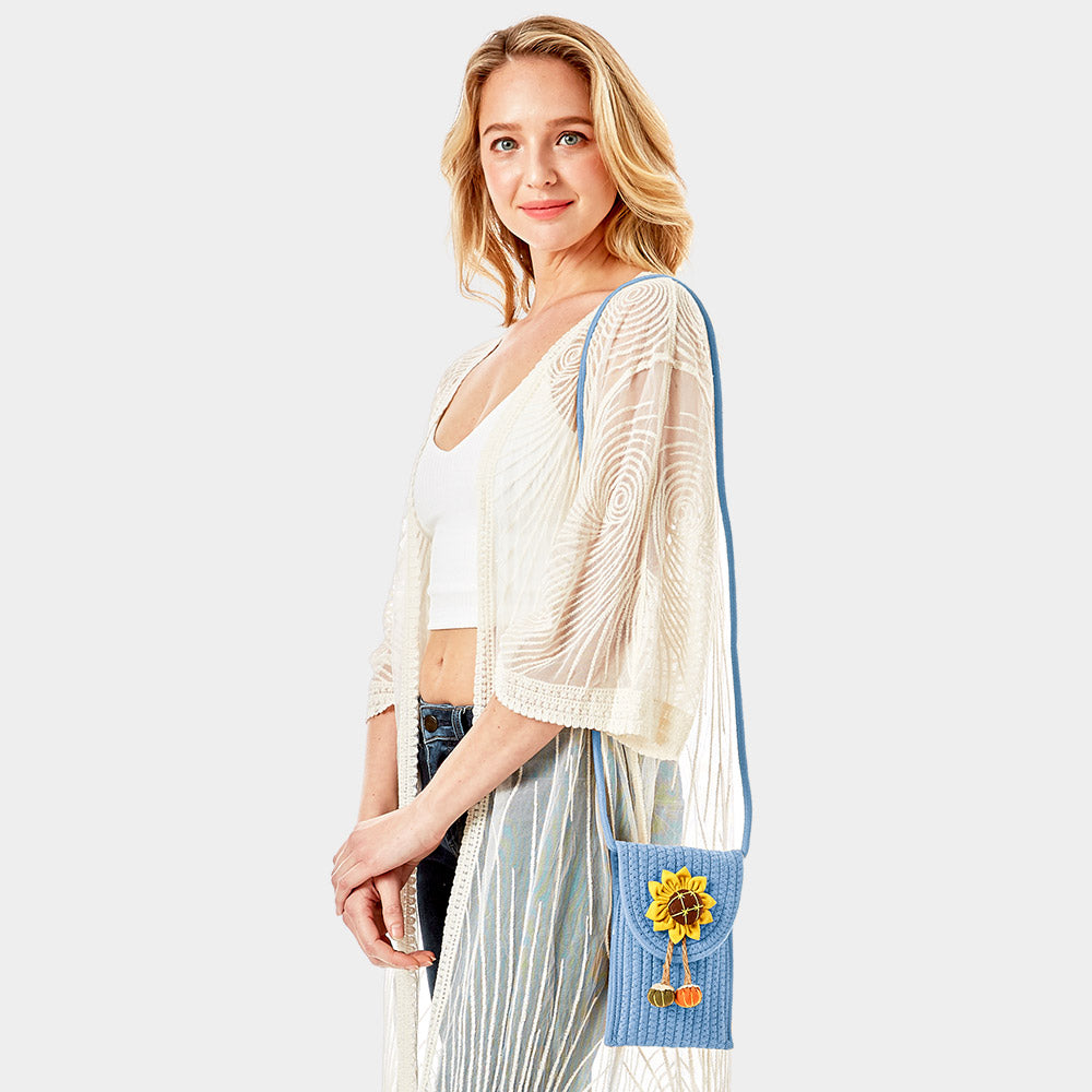 Madeline Love Blue Sunflower Patch Accented Mini Straw Crossbody Bag - Bags & Wallets - desc