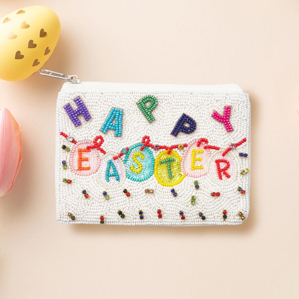 Madeline Love Multi Stone Embellished HAPPY EASTER Message Seed Beaded Mini Pouch Bag - Bags & Wallets
