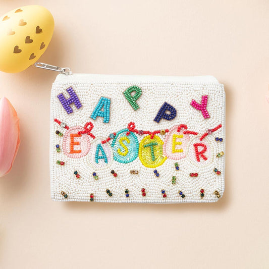 Madeline Love Multi Stone Embellished HAPPY EASTER Message Seed Beaded Mini Pouch Bag - Bags & Wallets