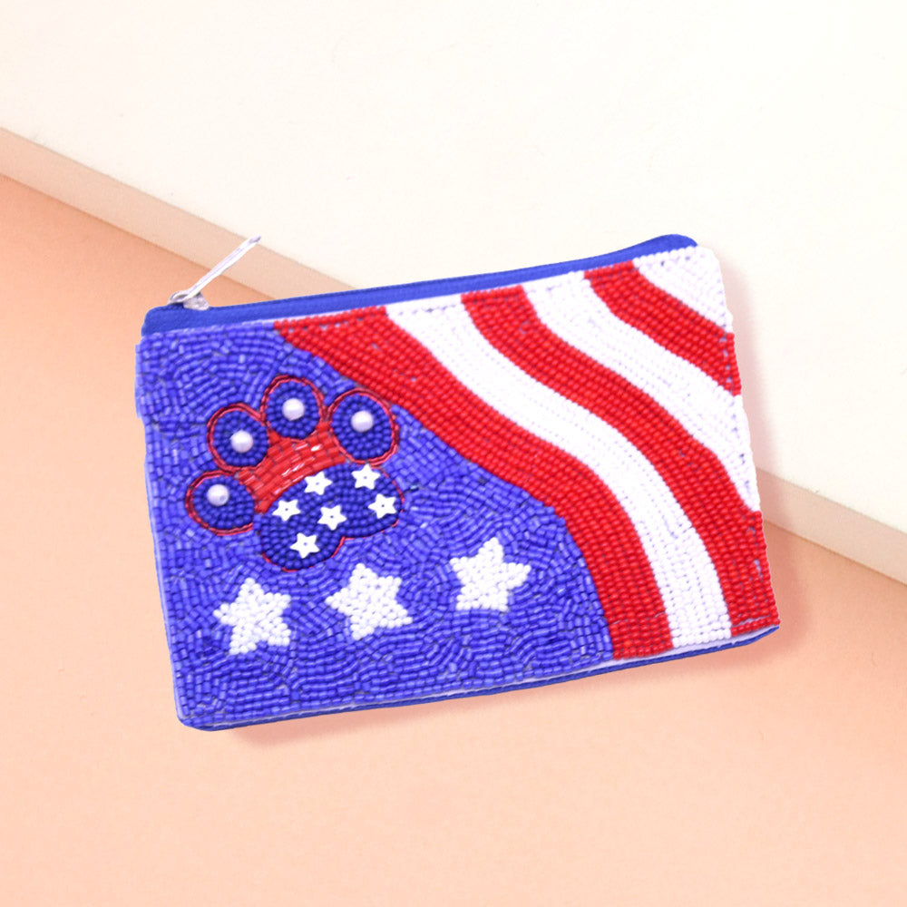 Madeline Love Multi Pearl Pointed Paw American USA Flag Pattern Seed Beaded Mini Pouch Bag - Bags & Wallets