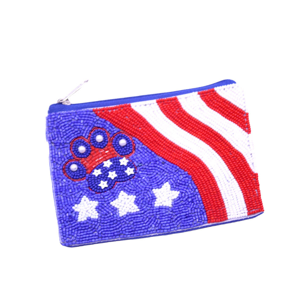 Madeline Love Multi Pearl Pointed Paw American USA Flag Pattern Seed Beaded Mini Pouch Bag - Bags & Wallets - desc