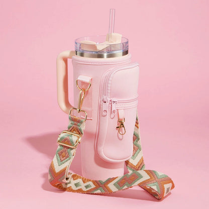 Madeline Love Light, Pink Solid Tumbler Carrier Holder Aztec Pattern Strap Crossbody Bag - Bags & Wallets