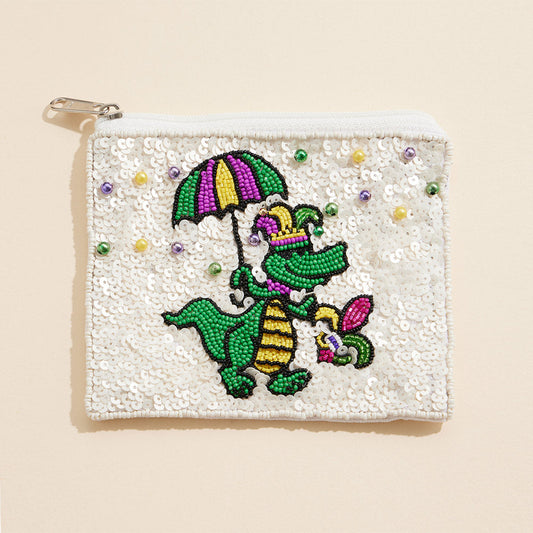 White Mardi Gras Alligator Sequin Pearl Ball Seed Beaded Mini Pouch Bag