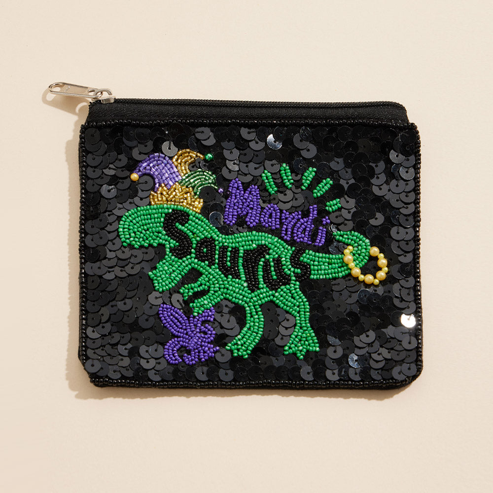 Black Mardi Gras Saurus Sequin Seed Beaded Mini Pouch Bag