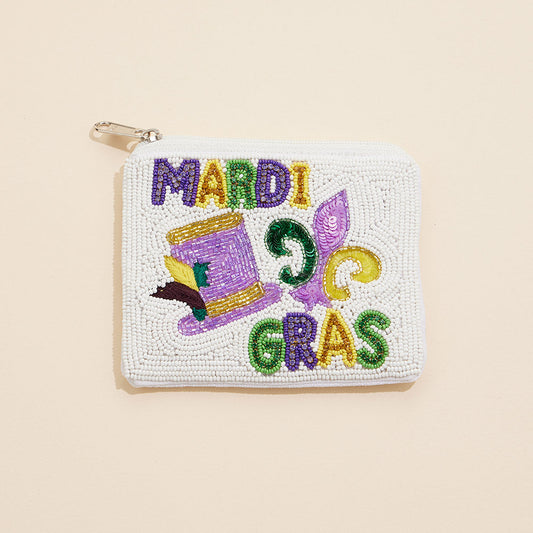 Multi Mardi Gras Message Fleur de Lis Hat Stone Seed Beaded Mini Pouch Bag
