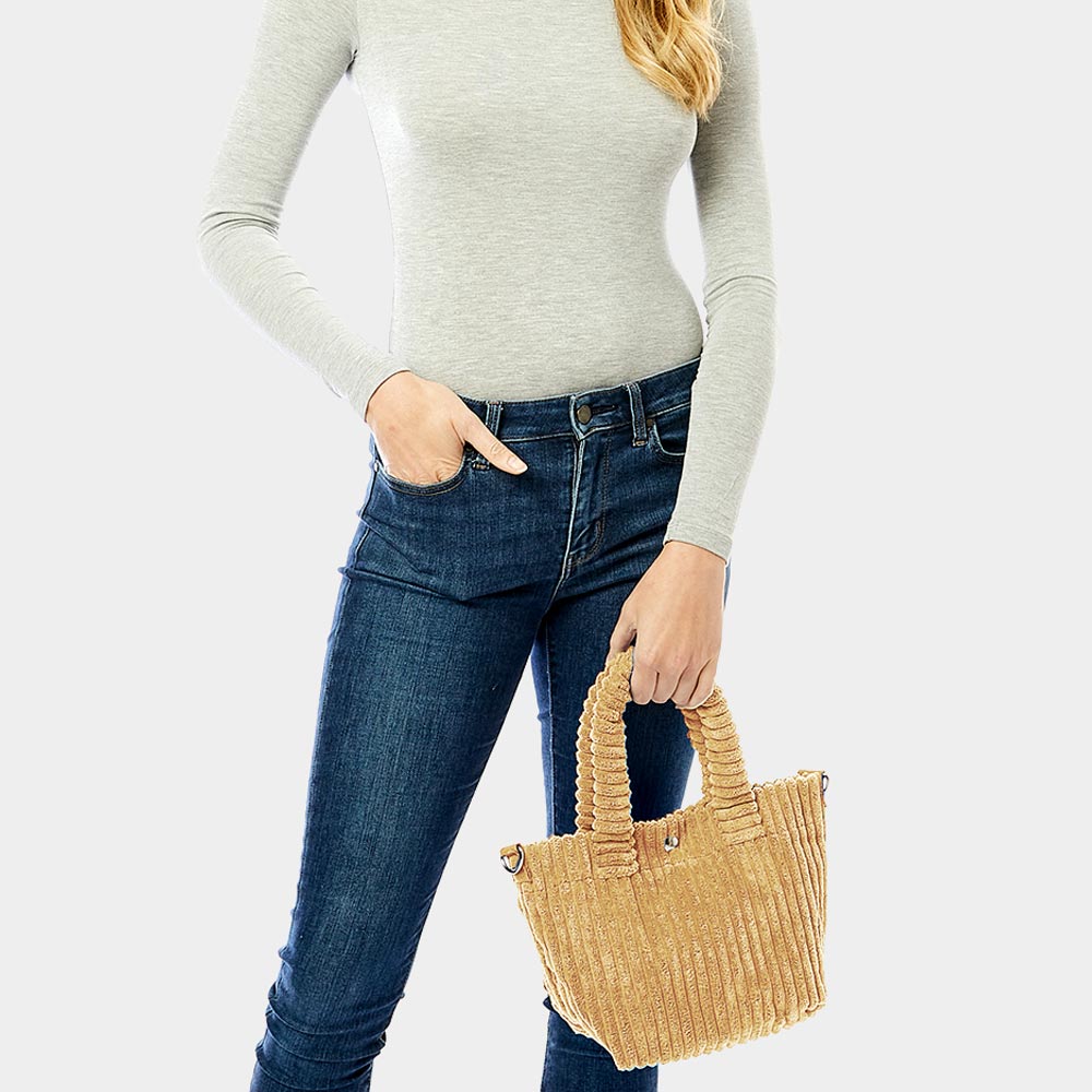 Madeline Love Beige Wide Wale Corduroy Tote / Crossbody Bag - Bags & Wallets