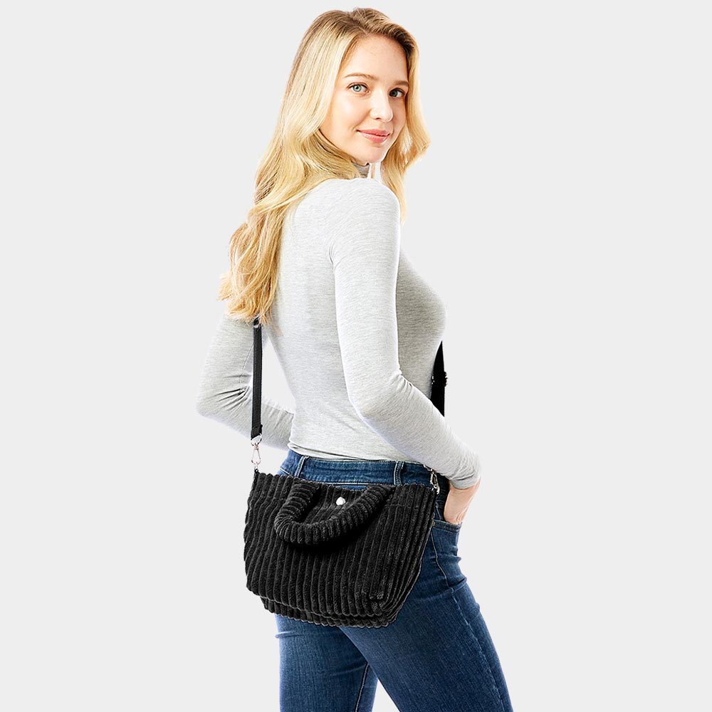 Madeline Love Black Wide Wale Corduroy Tote / Crossbody Bag - Bags & Wallets