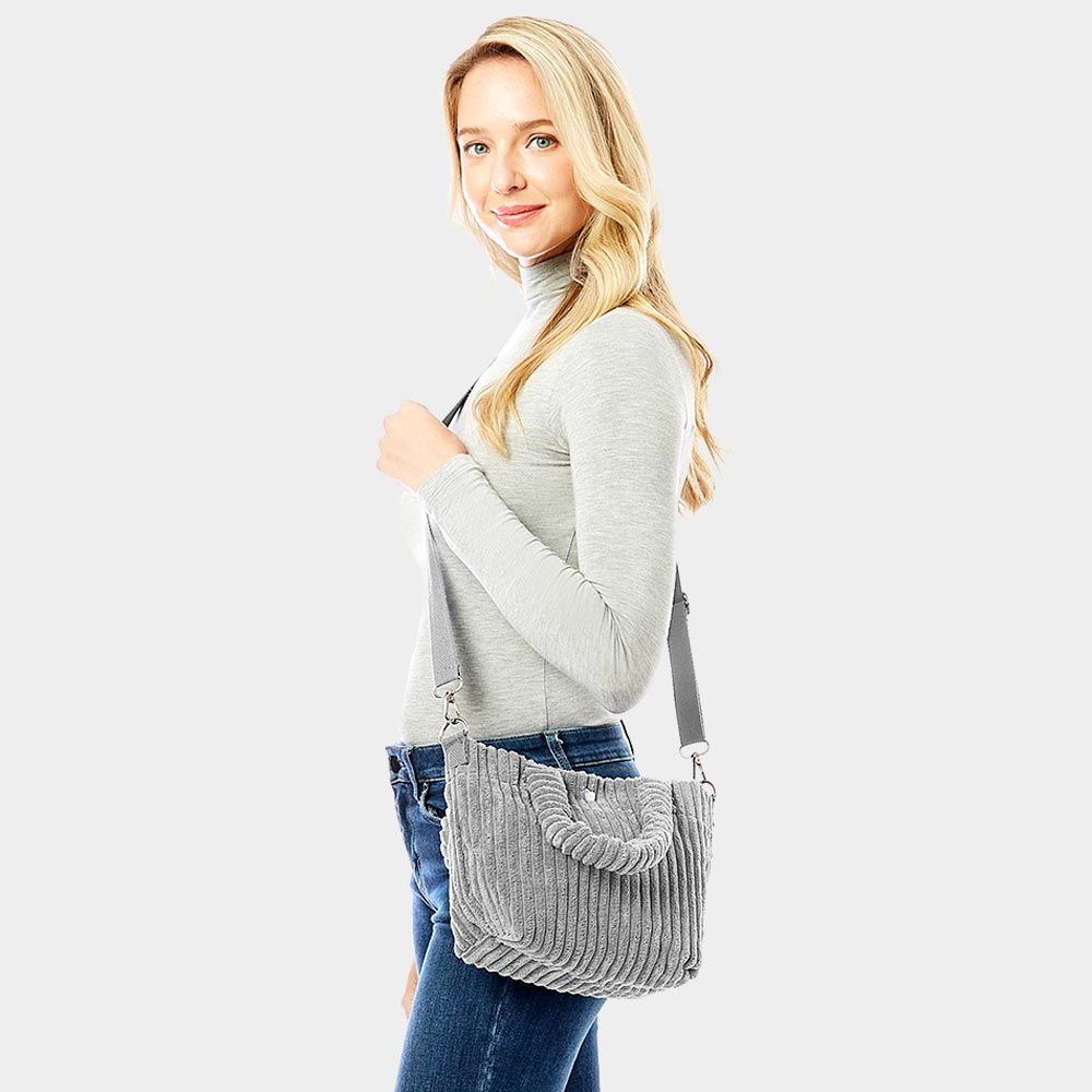 Madeline Love Gray Wide Wale Corduroy Tote / Crossbody Bag - Bags & Wallets
