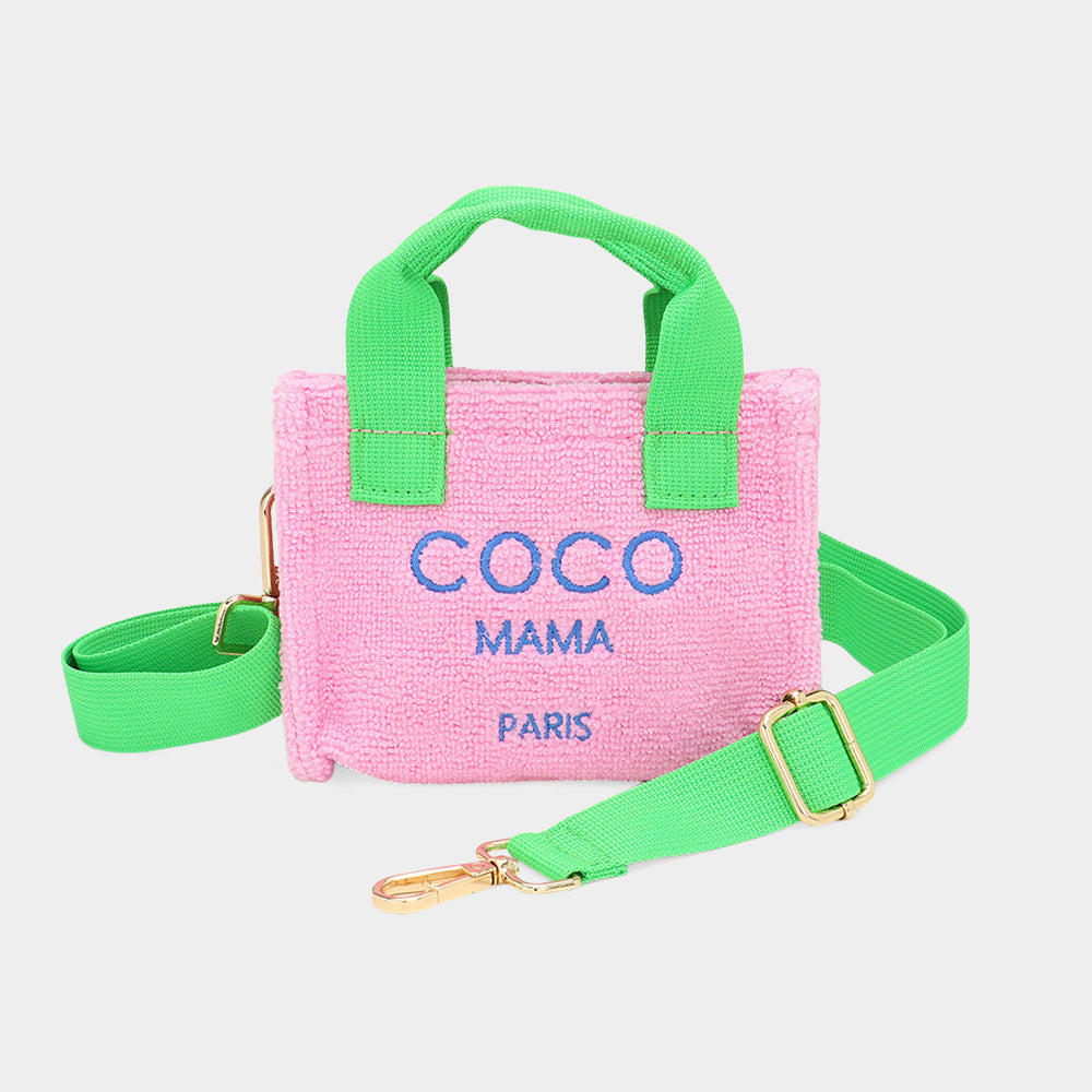 Madeline Love Pink&Green COCO MAMA Message Pointed Terry Cloth Mini Tote Bag / Crossbody Bag - Bags & Wallets