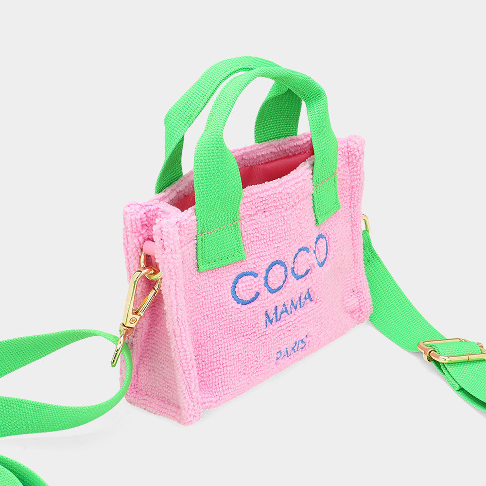 Madeline Love Pink&Green COCO MAMA Message Pointed Terry Cloth Mini Tote Bag / Crossbody Bag - Bags & Wallets - extra