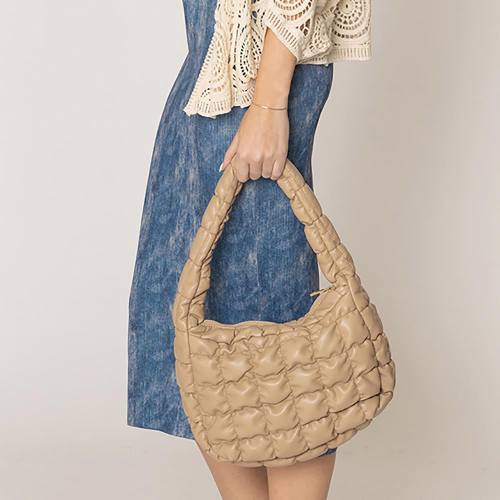 Madeline Love Beige Faux Leather Quilted Puffer Shoulder Cloud Bag - Bags & Wallets