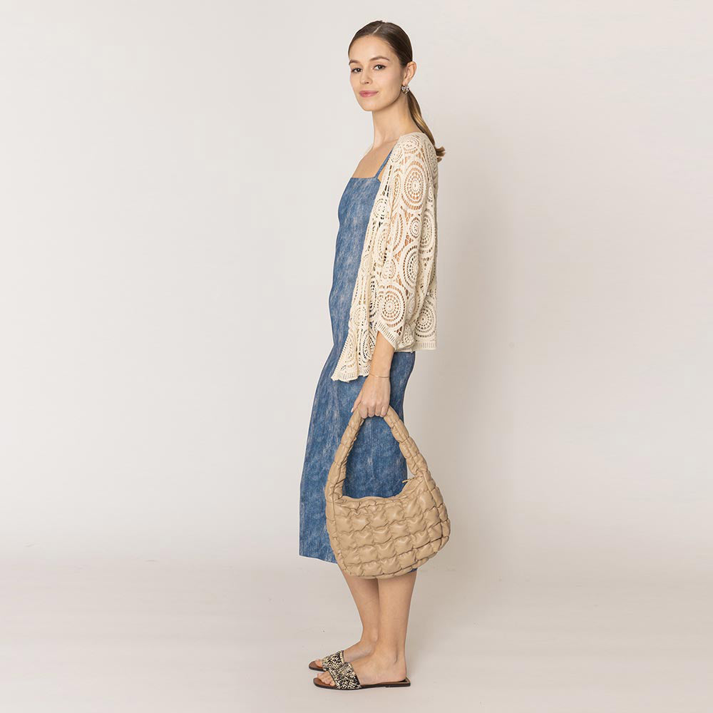 Madeline Love Beige Faux Leather Quilted Puffer Shoulder Cloud Bag - Bags & Wallets - desc