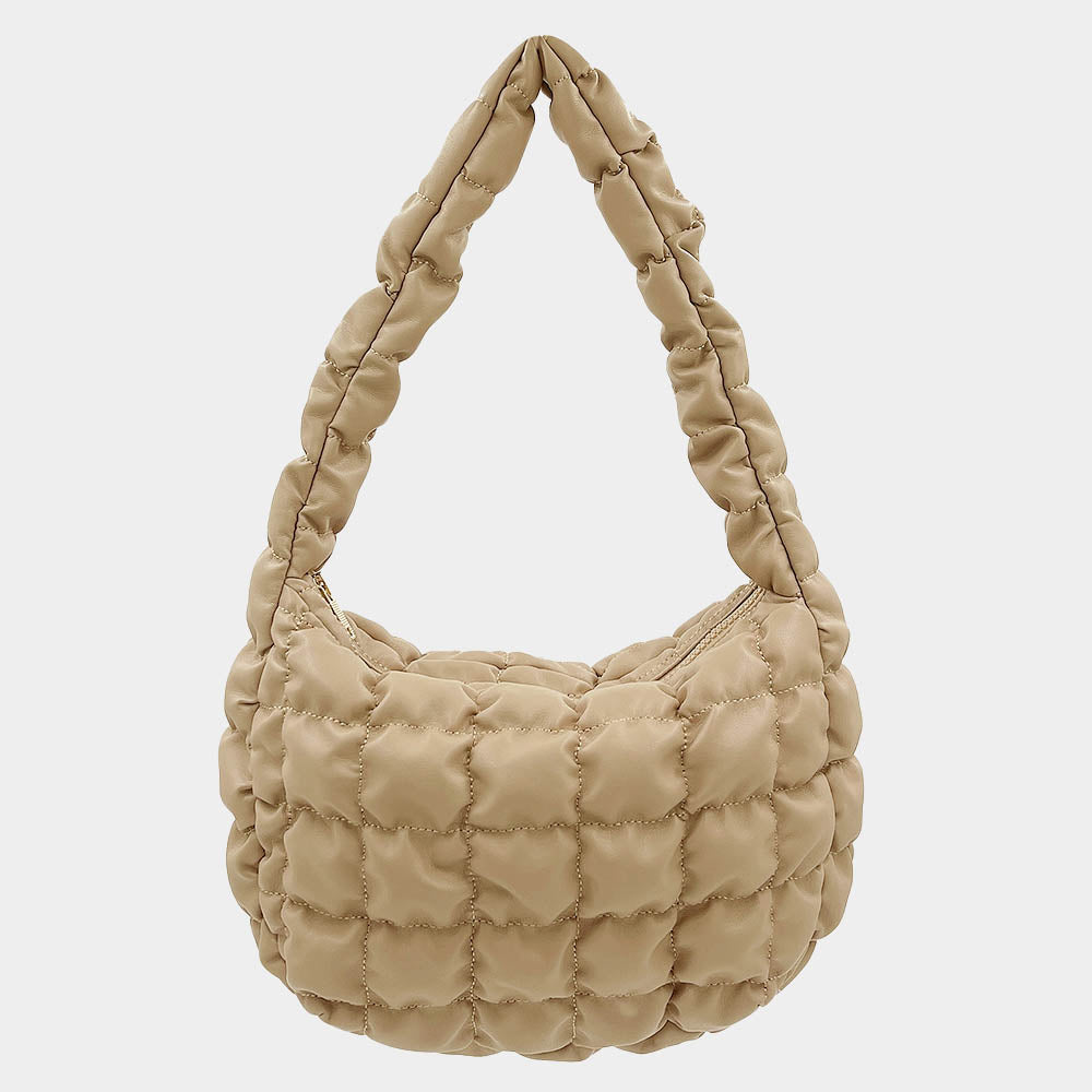 Madeline Love Beige Faux Leather Quilted Puffer Shoulder Cloud Bag - Bags & Wallets - extra