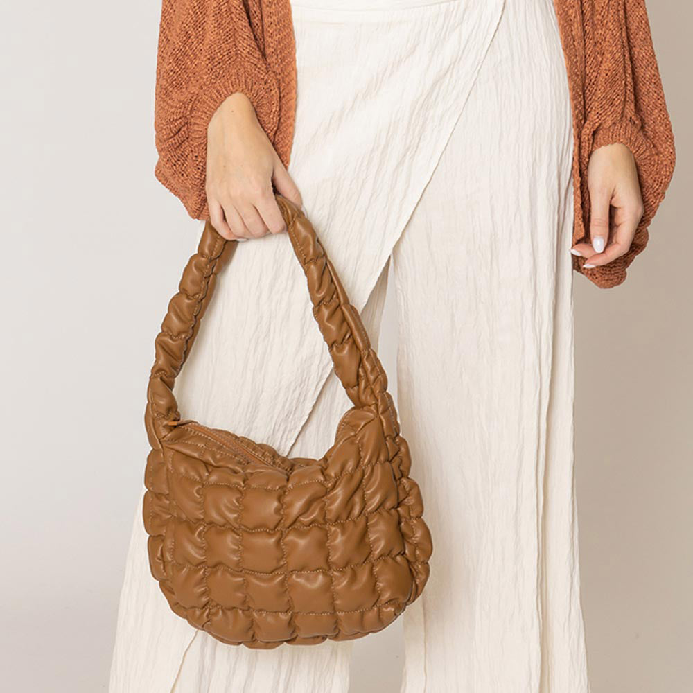 Madeline Love Camel Faux Leather Quilted Puffer Shoulder Cloud Bag - Bags & Wallets