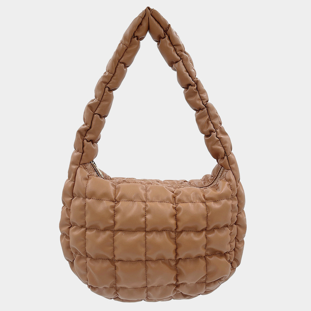 Madeline Love Camel Faux Leather Quilted Puffer Shoulder Cloud Bag - Bags & Wallets - extra
