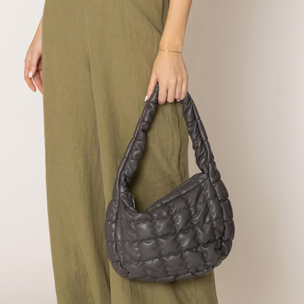 Madeline Love Gray Faux Leather Quilted Puffer Shoulder Cloud Bag - Bags & Wallets