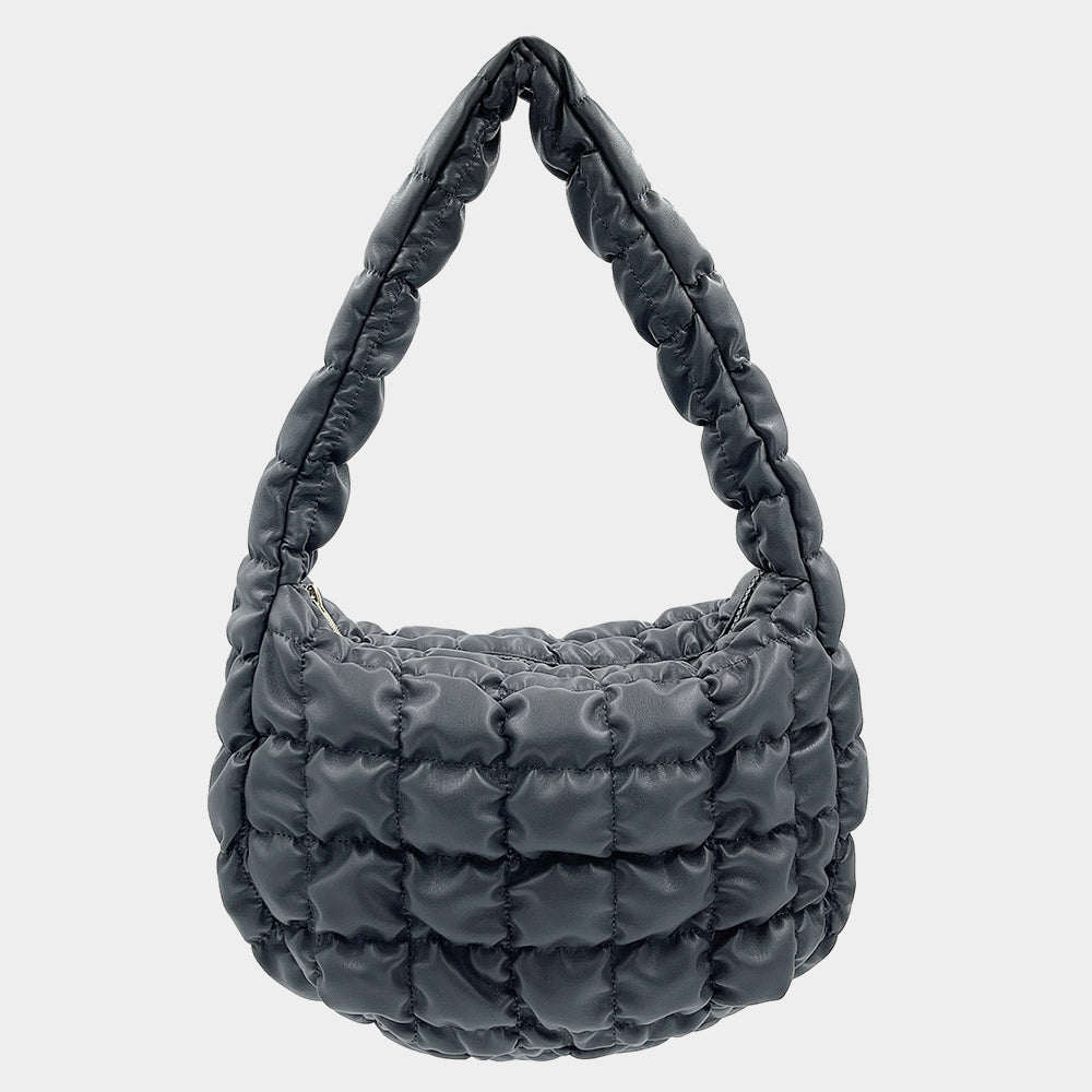 Madeline Love Gray Faux Leather Quilted Puffer Shoulder Cloud Bag - Bags & Wallets - extra