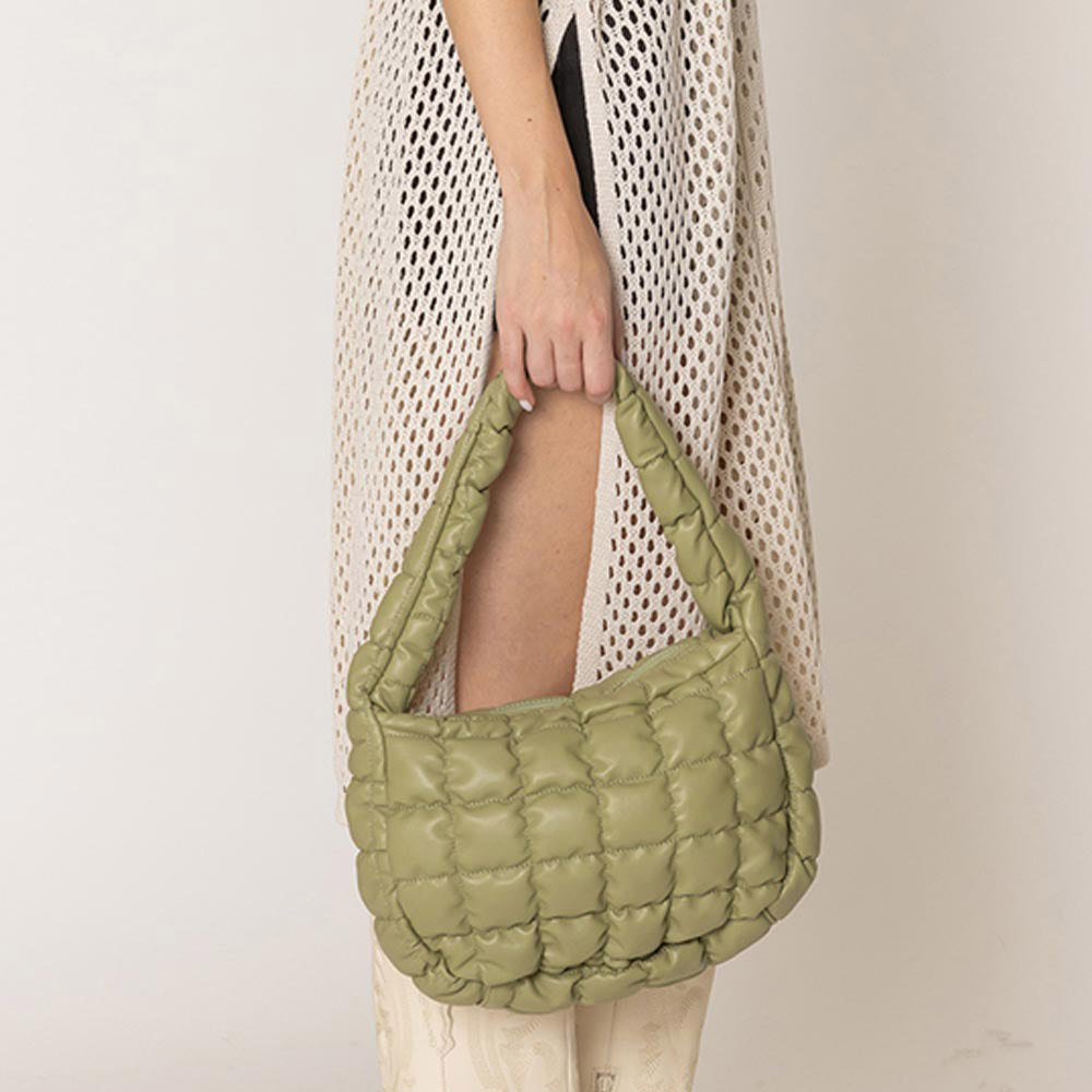 Madeline Love Green Faux Leather Quilted Puffer Shoulder Cloud Bag - Bags & Wallets