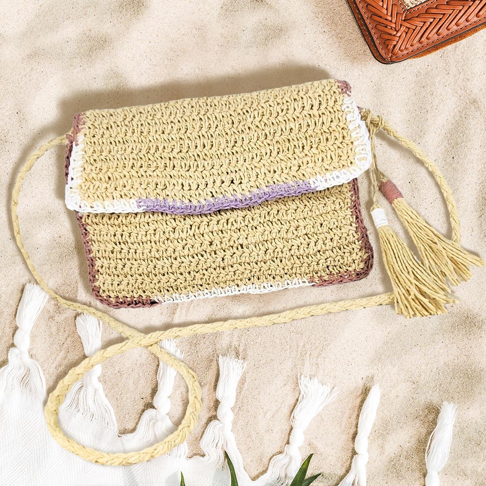 Madeline Love Ivory Double Tassel Pointed Color Block Straw Crossbody Bag - Bags & Wallets