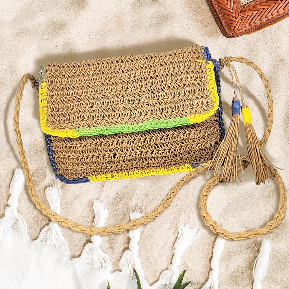 Madeline Love Khaki Double Tassel Pointed Color Block Straw Crossbody Bag - Bags & Wallets