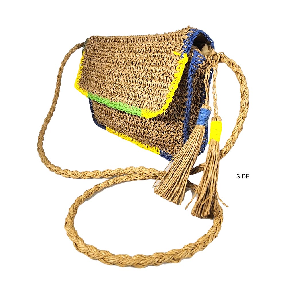 Madeline Love Khaki Double Tassel Pointed Color Block Straw Crossbody Bag - Bags & Wallets - desc