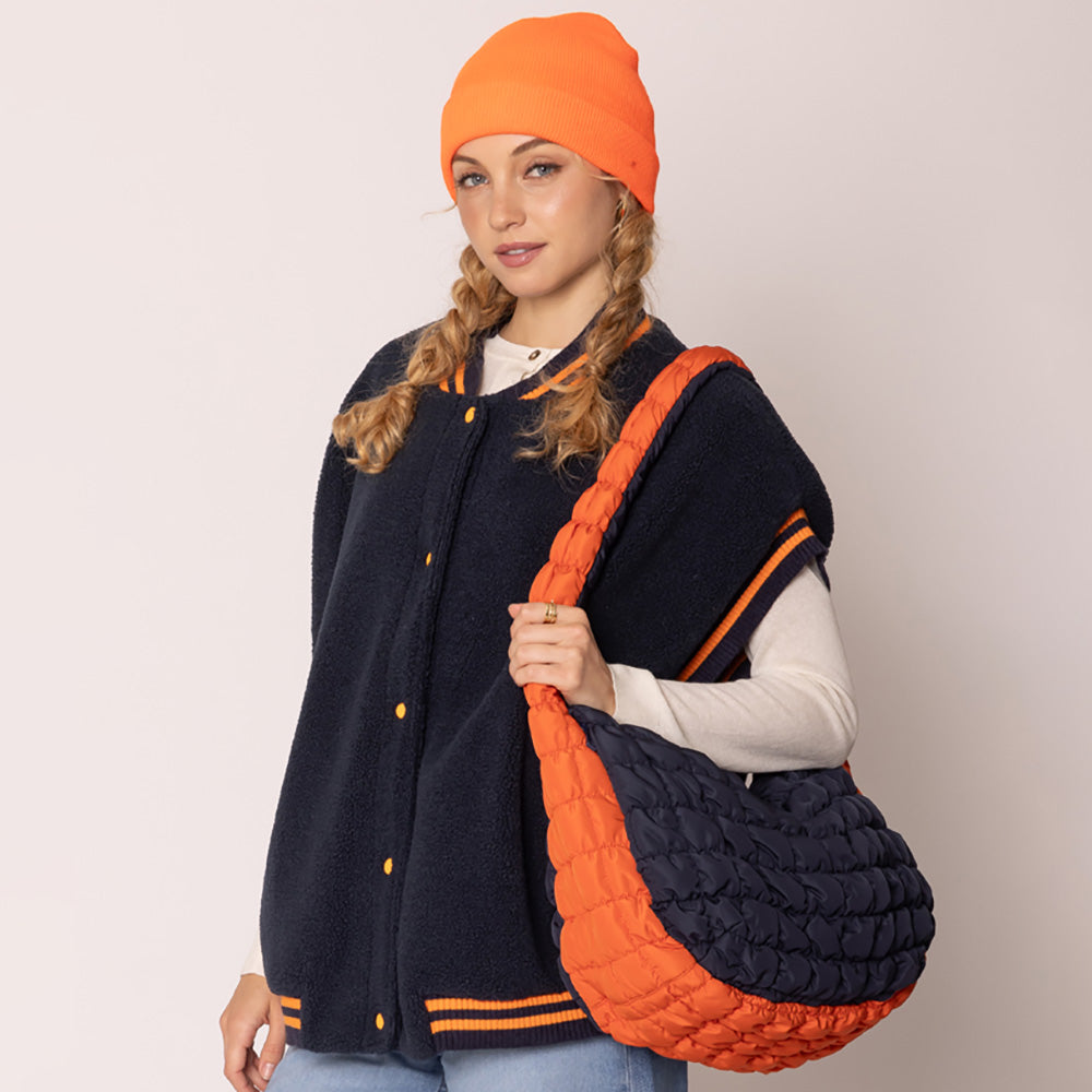 Madeline Love Navy, Orange Game Day Quilted Puffer Shoulder Crossbody Bag Cloud Bag - Bags & Wallets