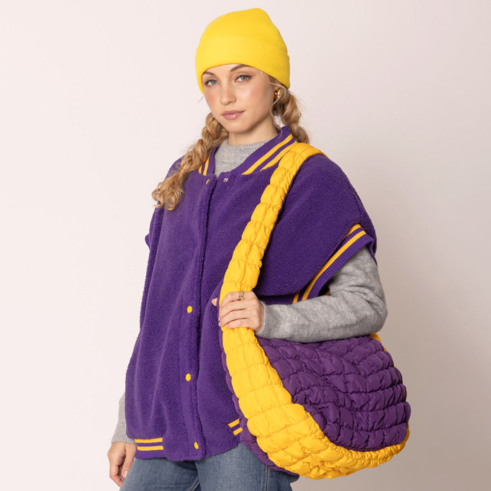 Madeline Love Purple , Yellow Game Day Quilted Puffer Shoulder Crossbody Bag Cloud Bag - Bags & Wallets