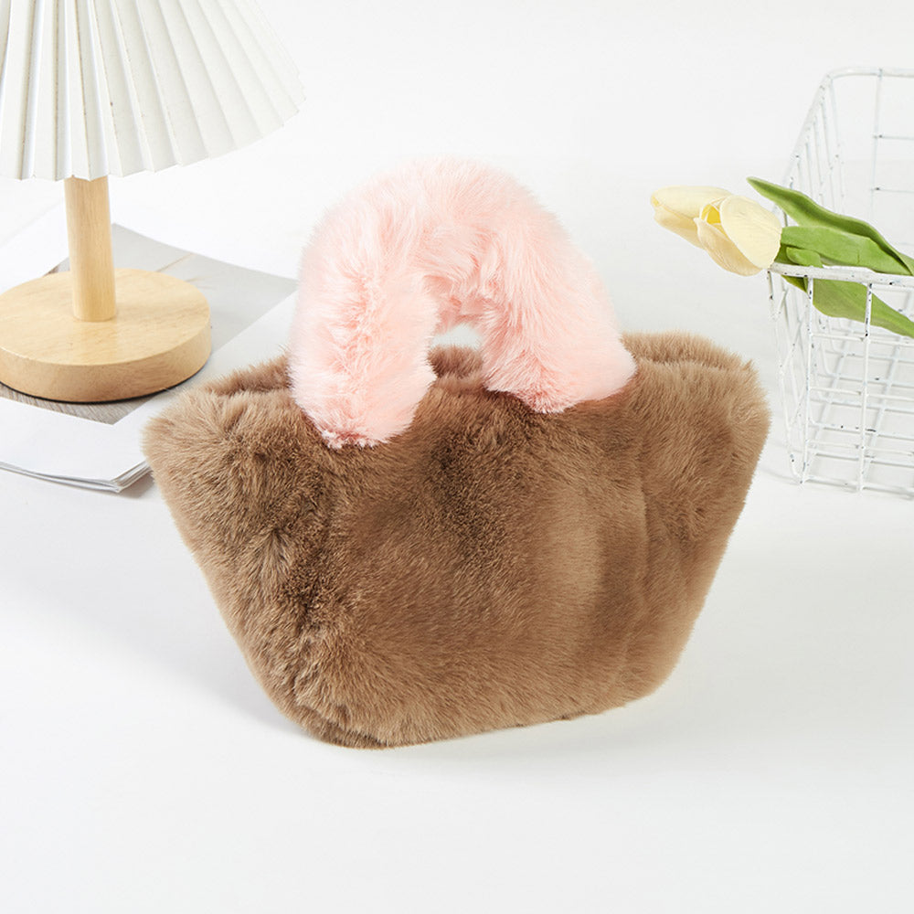Madeline Love Taupe Two Tone Faux Fur Micro Tote Crossbody Bag - Bags & Wallets