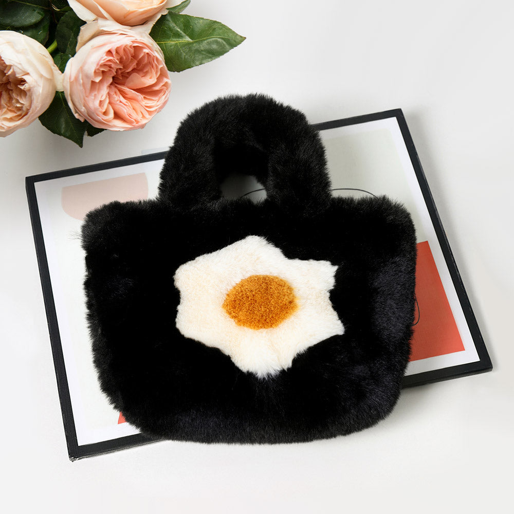 Madeline Love Black Flower Pointed Faux Fur Mini Tote Bag - Bags & Wallets