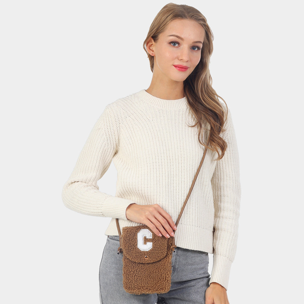 Madeline Love Brown C Initial Monogram Sherpa Crossbody Cellphone Bag - Bags & Wallets