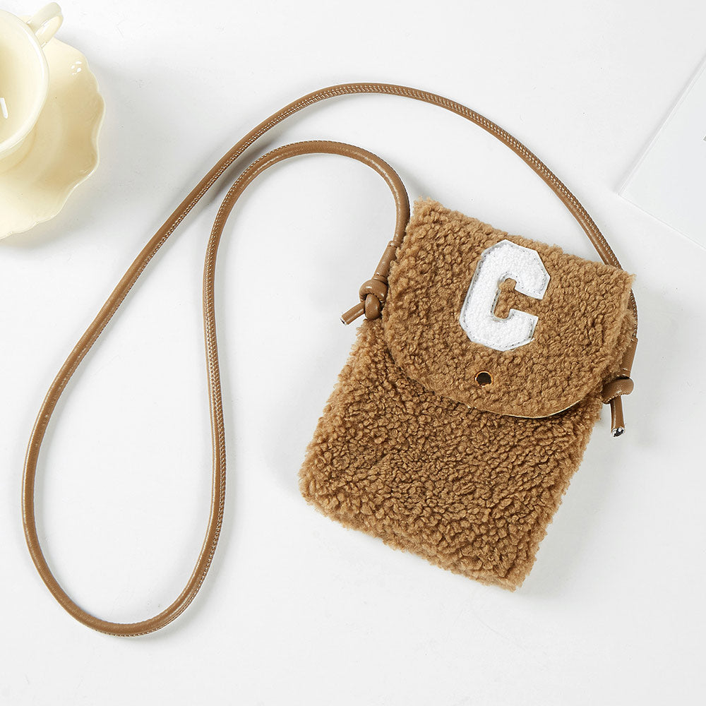 Madeline Love Brown C Initial Monogram Sherpa Crossbody Cellphone Bag - Bags & Wallets - desc